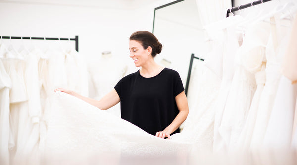 Designer Christina Devine in her wedding dress studio
